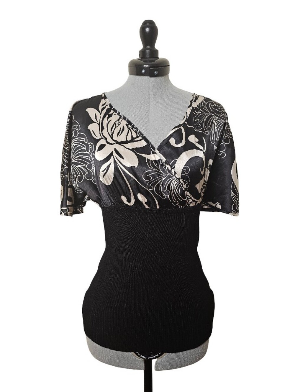 Black & Cream Floral Wrap-Style Blouse with Fitted Waist